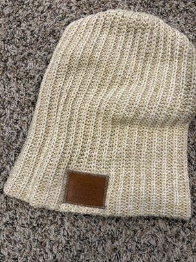 Love Your Melon Cream Ribbed Knit Beanie with Leather Patch